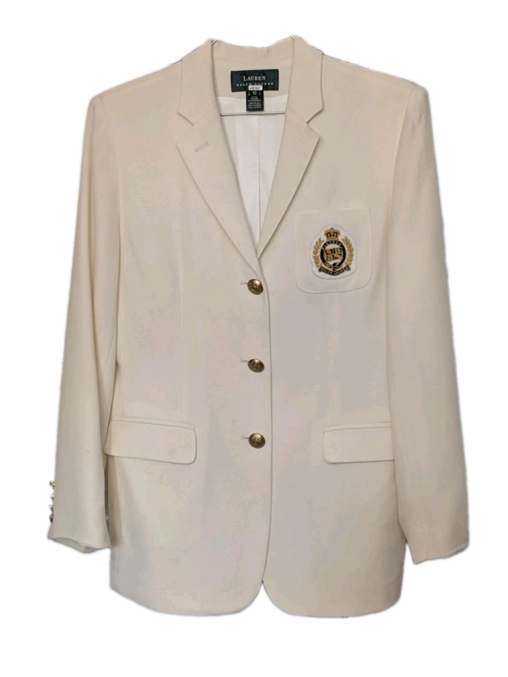 Lauren Ralph Lauren Cream Wool Blazer with Embroidered Crest. Vintage! Size 8P. - Picture 12 of 13
